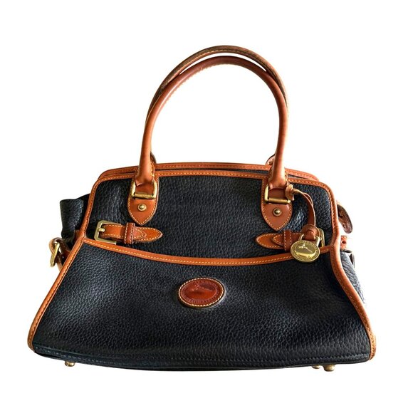 Vintage Dooney & Bourke Pebbled Leather Shoulder Bag Purse Black Tan - Picture 1 of 14